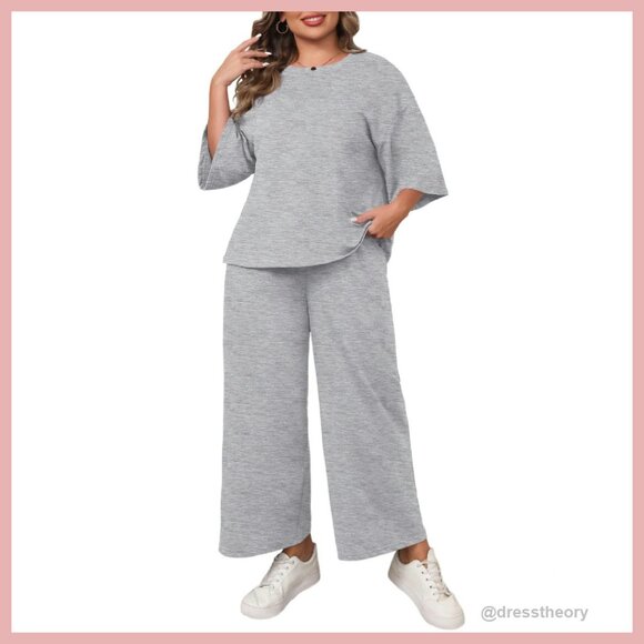 Plus Size 2-Piece Lounge Set 3/4 Sleeve Top Wide Leg Pants